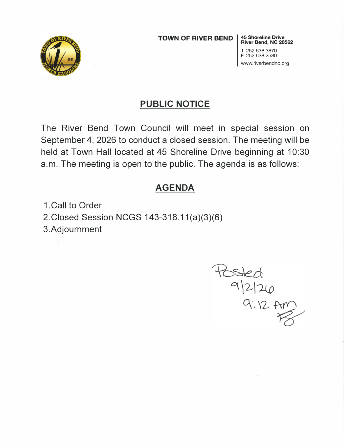 Public Notice Special Meeting Town Council 9-4-26