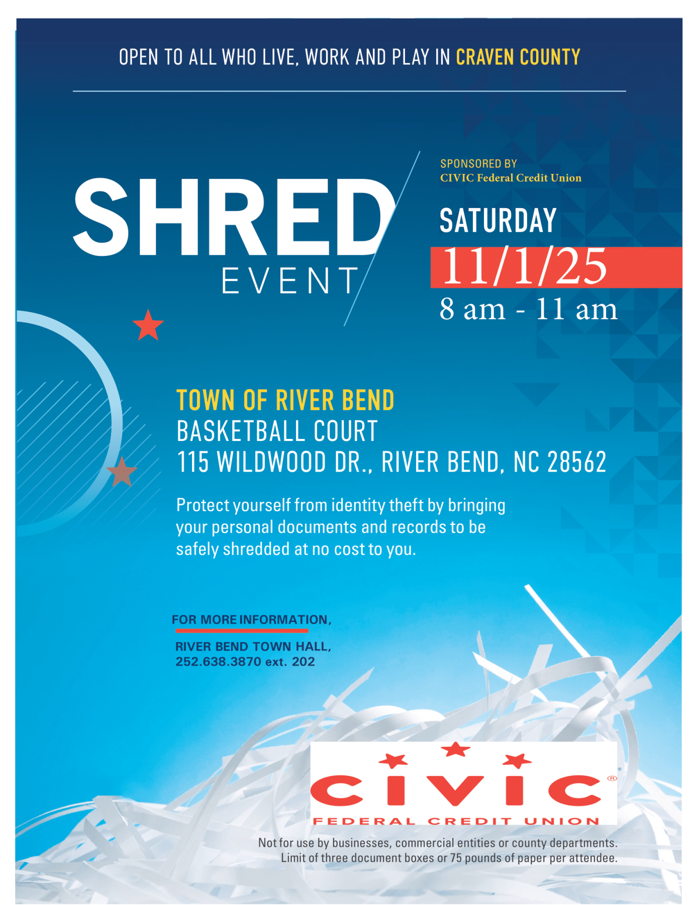 Shred Event November 1, 2025 115 Wildwood Drive New Bern NC 28562 8 AM-11 AM
