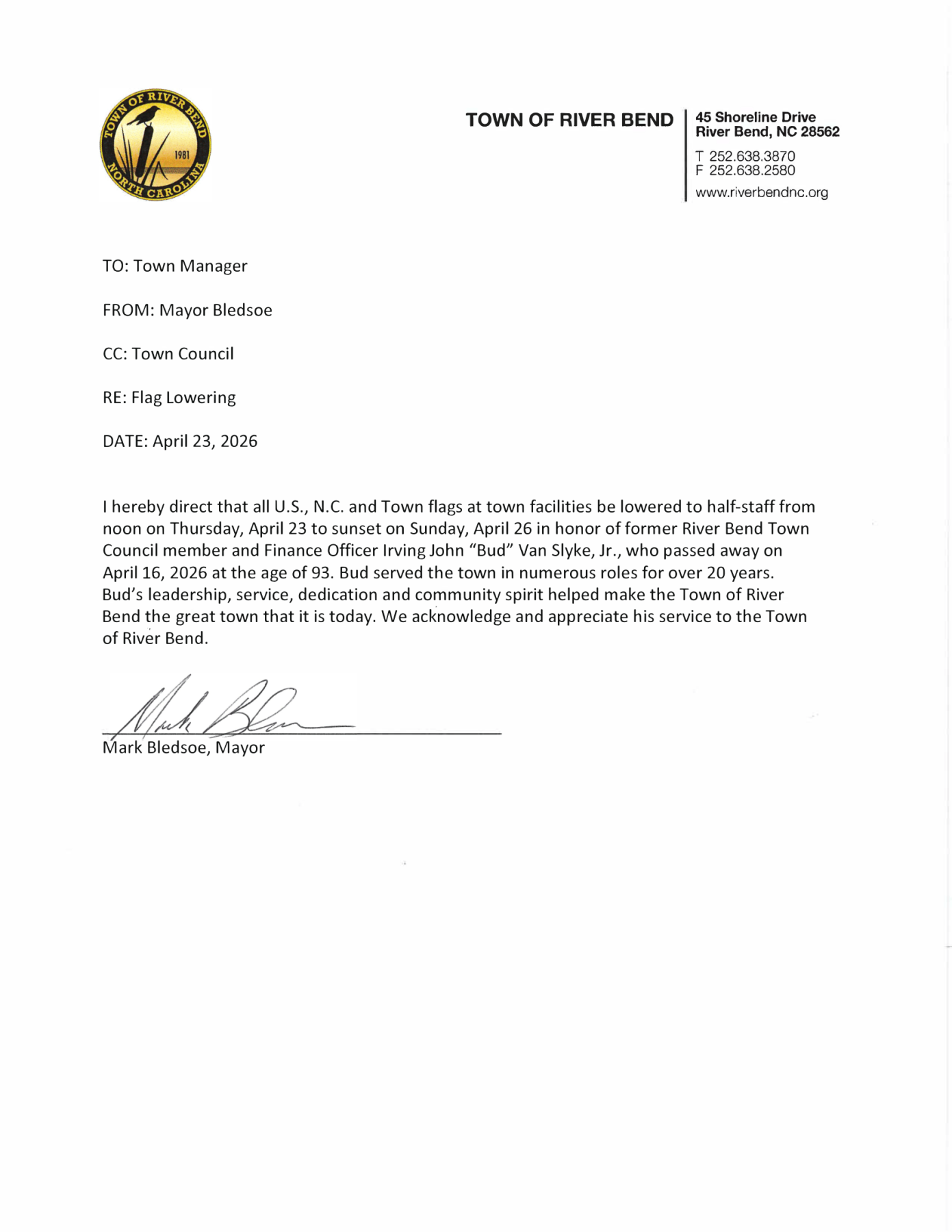 Flag Lowering in Honor of Bud Van Slyke Jr, former River Bend Councilman